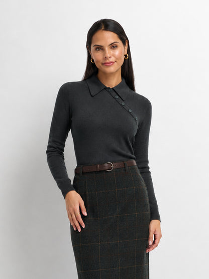 Asymmetrical Button Collar Sweater - Grey