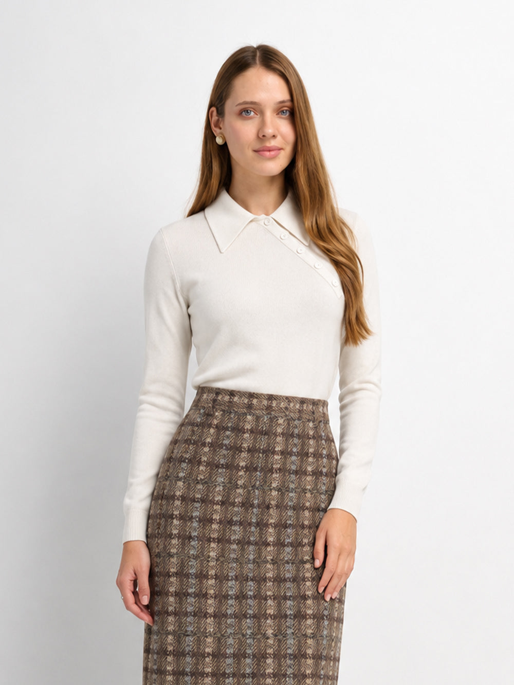 Asymmetrical Button Collar Sweater - Cream