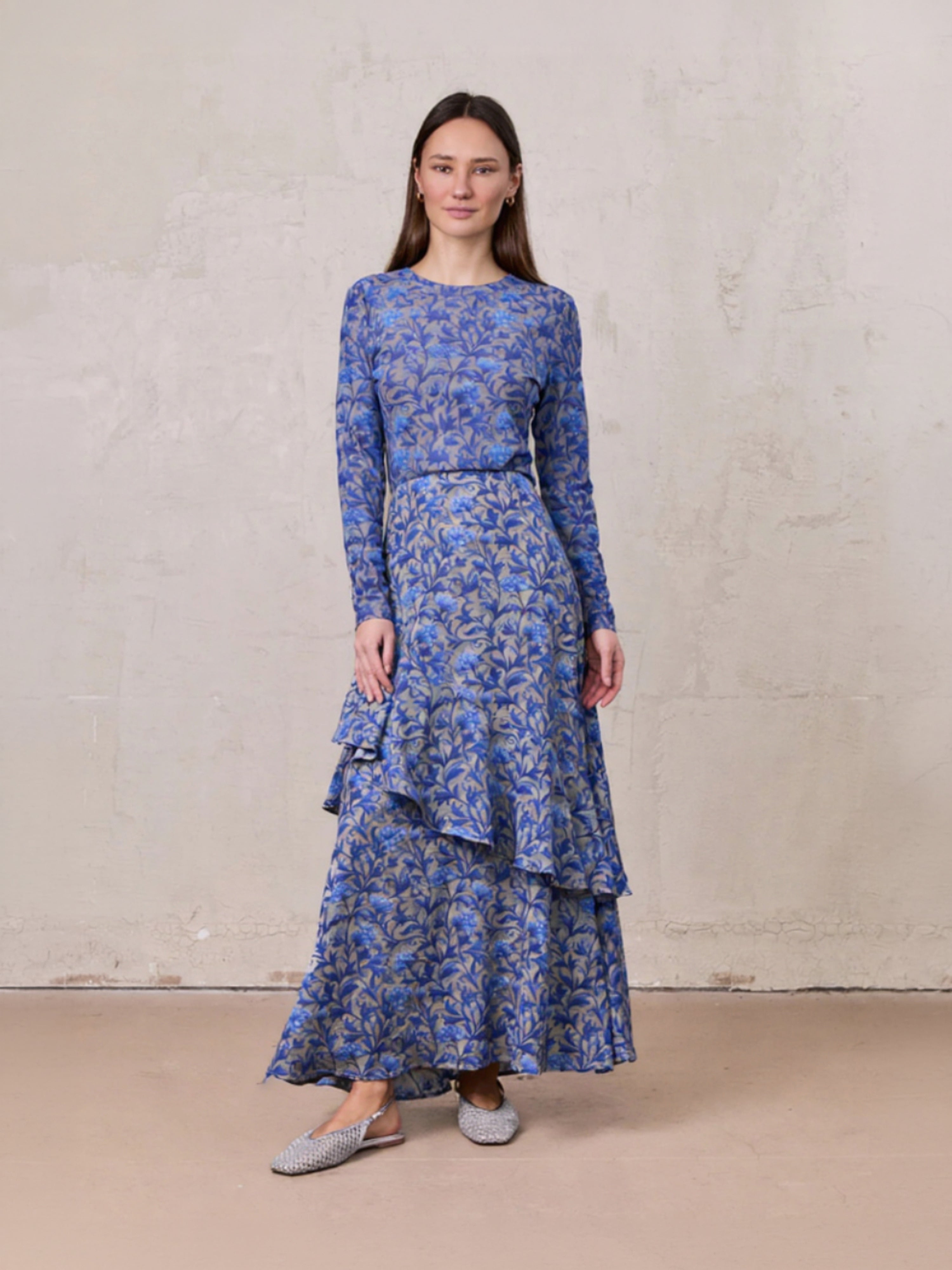 Asymmetrical Ruffle Skirt-Blue/Grey Vines