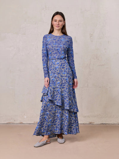Asymmetrical Ruffle Skirt-Blue/Grey Vines