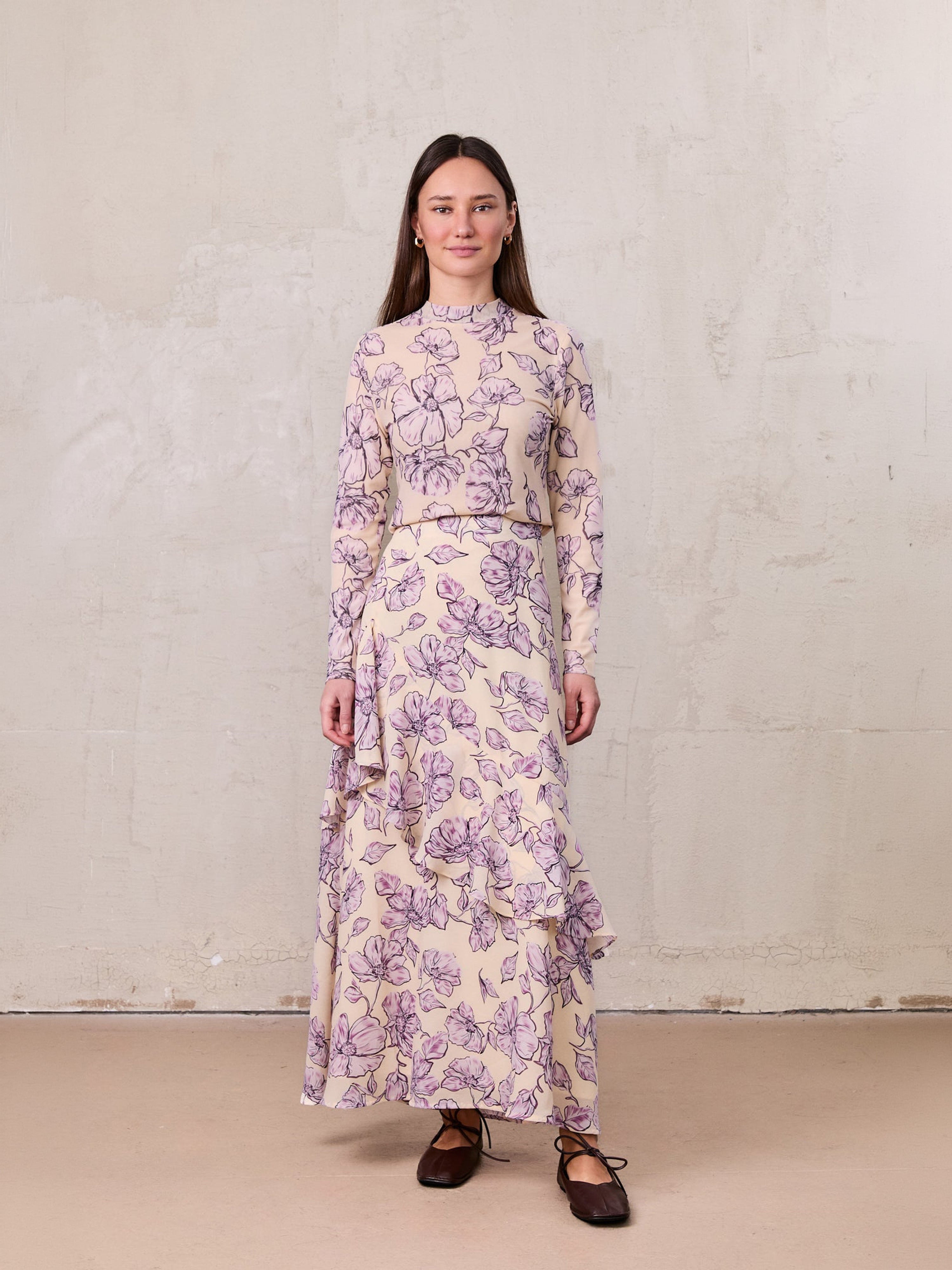 Asymmetrical Ruffle Skirt-Lavander Floral