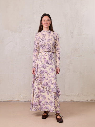 Asymmetrical Ruffle Skirt-Lavander Floral