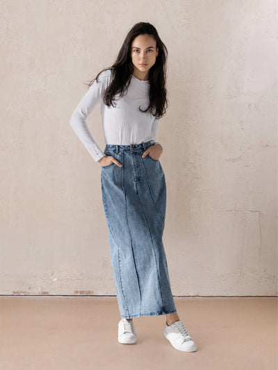 Denim Seamed Skirt-Blue Wash