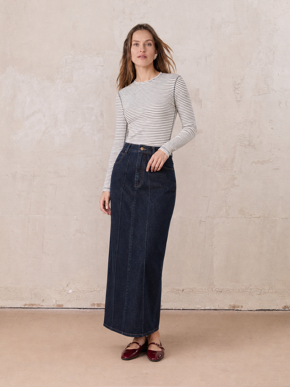 Denim Seamed Skirt-Dark Blue