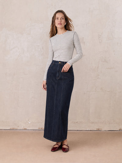 Denim Seamed Skirt-Dark Blue