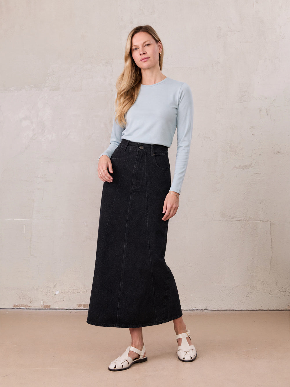 Denim Seamed Skirt-Deep Black