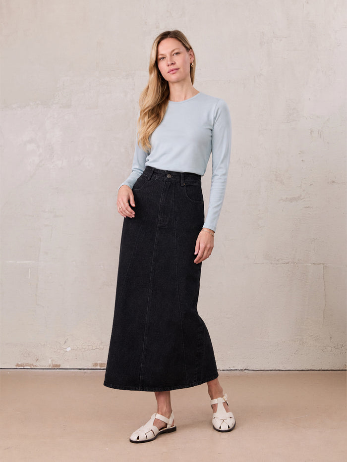 Denim Seamed Skirt-Deep Black