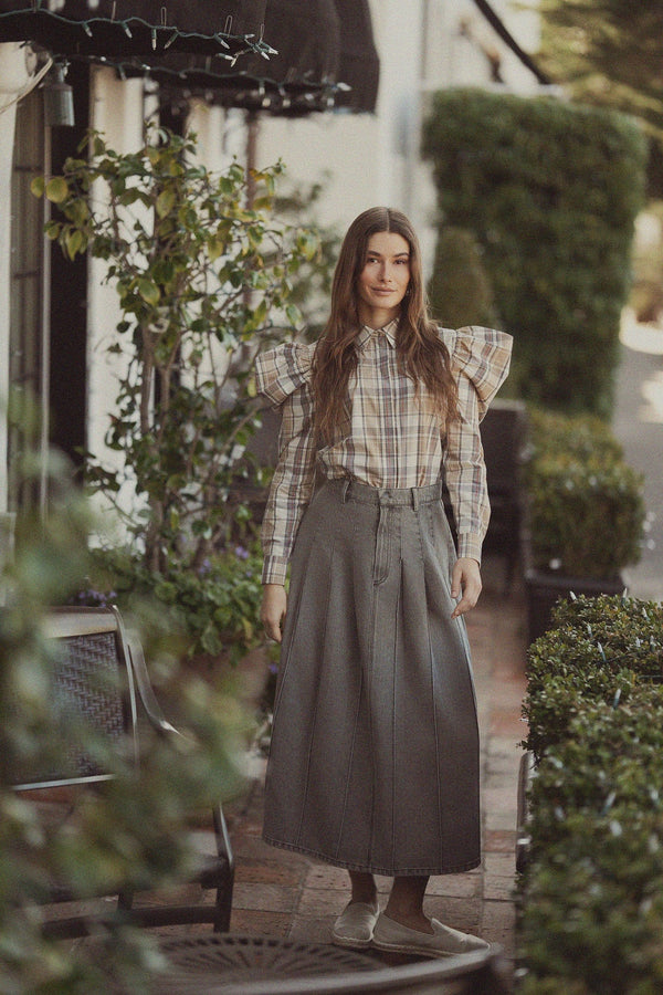 Stitched Pleated Denim Skirt-Grey