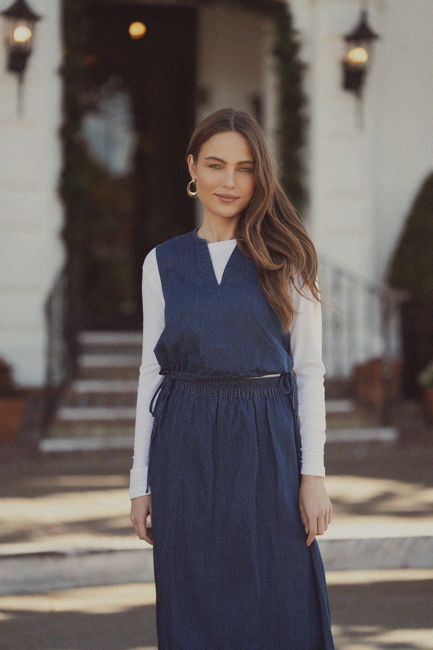 Denim Side Tie V Neck Vest-Blue