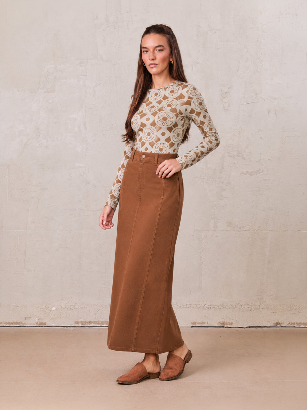 Side Seamed Twill Skirt-Brown