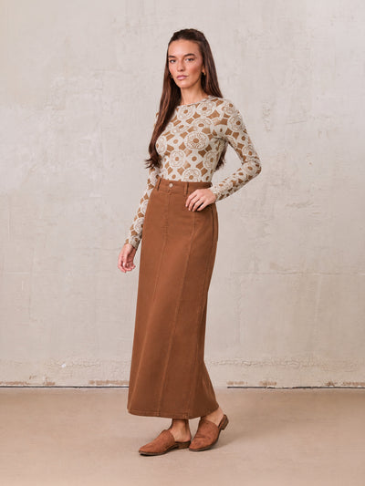 Side Seamed Twill Skirt-Brown