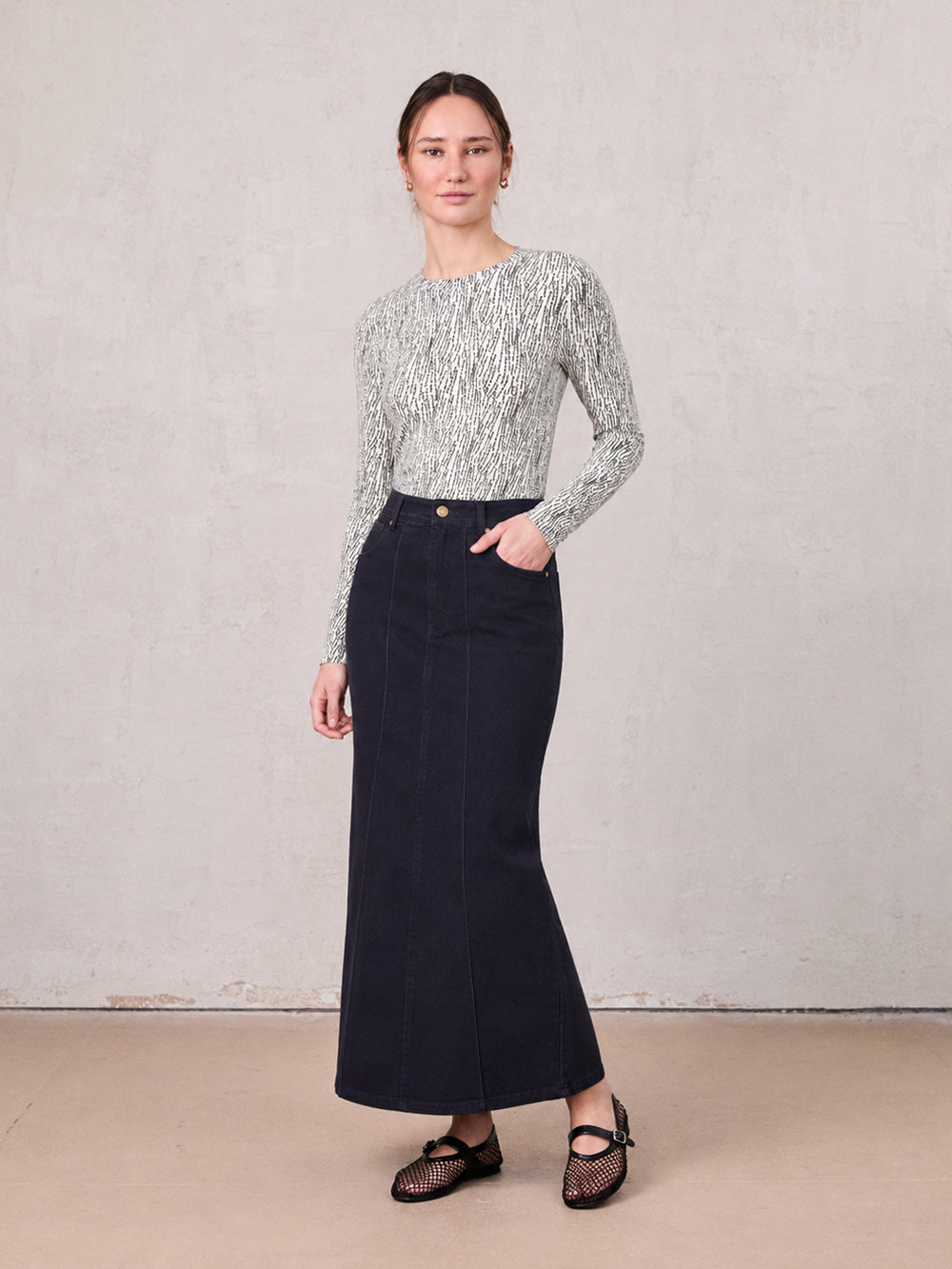 Side Seamed Twill Skirt-Navy