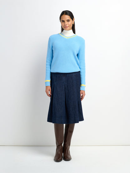 Yoke Pleated Denim Skirt-Blue