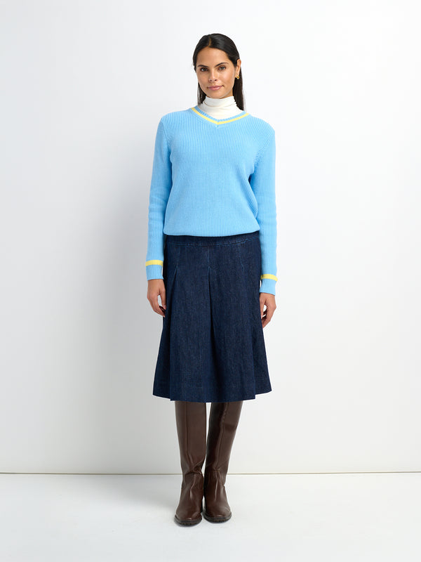 Yoke Pleated Denim Skirt-Blue