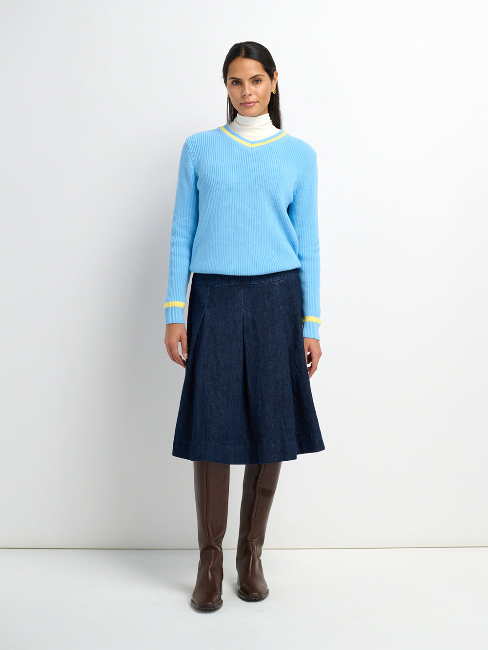 Yoke Pleated Denim Skirt-Blue