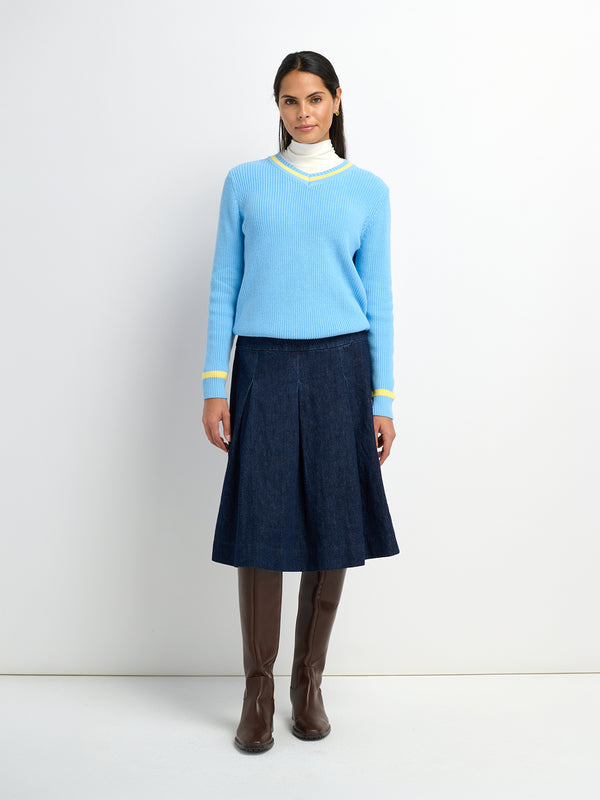 Yoke Pleated Denim Skirt-Blue