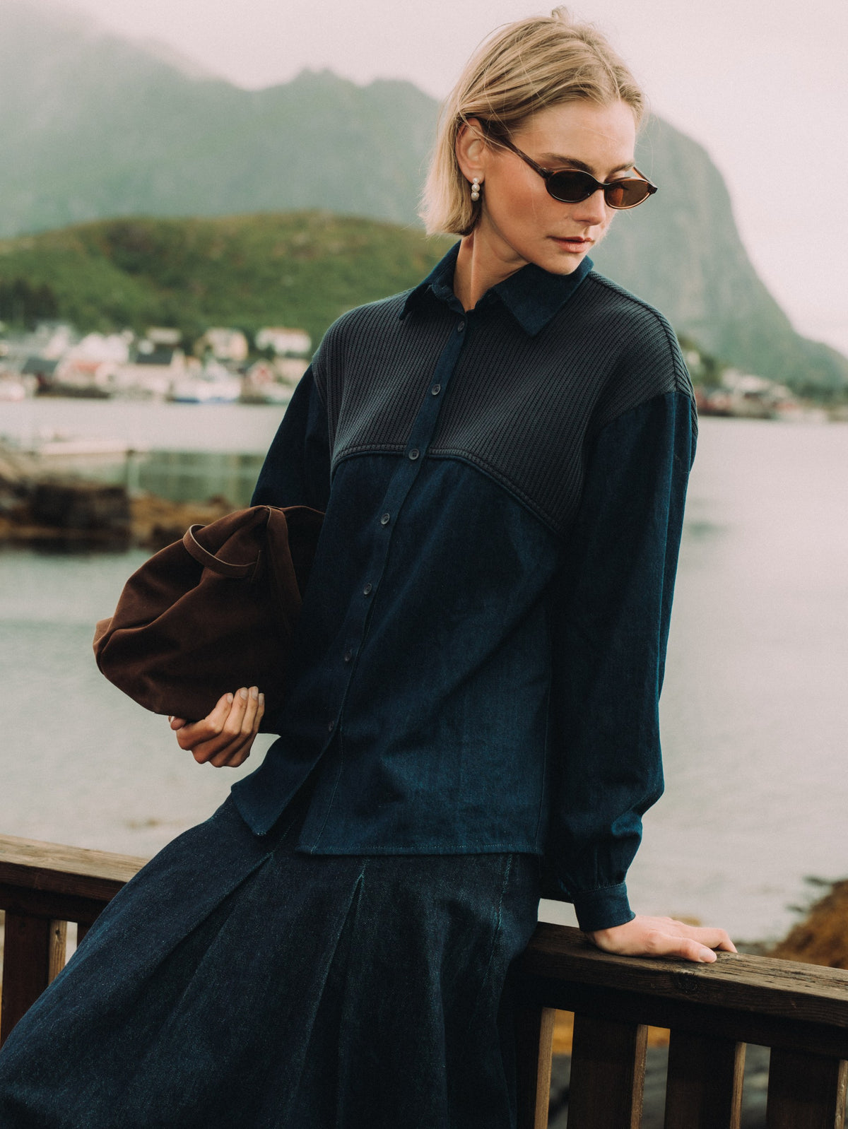 Knit Top Denim Shirt - Blue