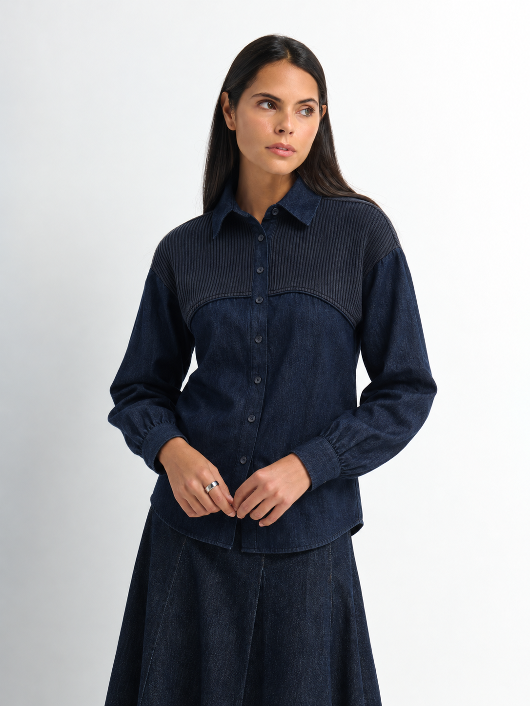 Knit Top Denim Shirt - Blue