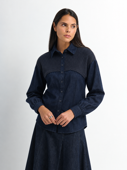 Knit Top Denim Shirt - Blue