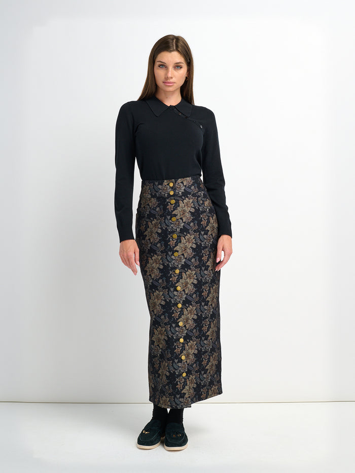 Button Down Straight Denim Skirt - Floral