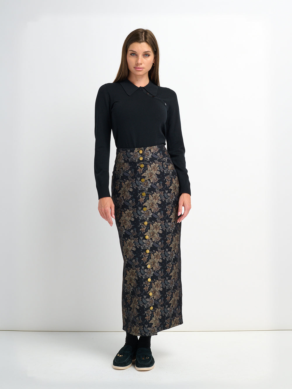 Asymmetrical Button Collar Sweater - Black