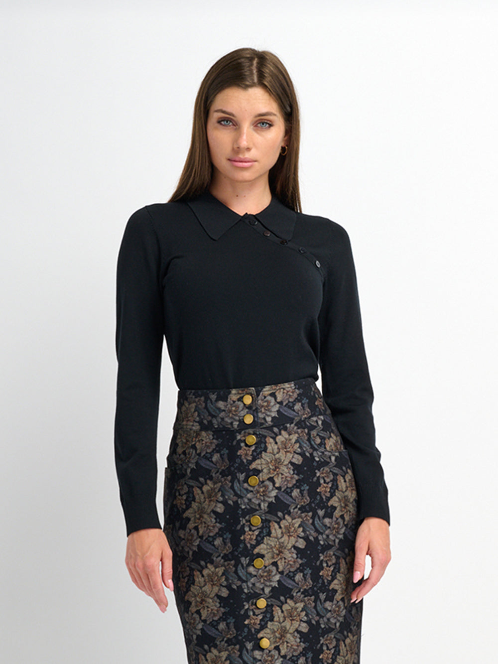 Asymmetrical Button Collar Sweater - Black