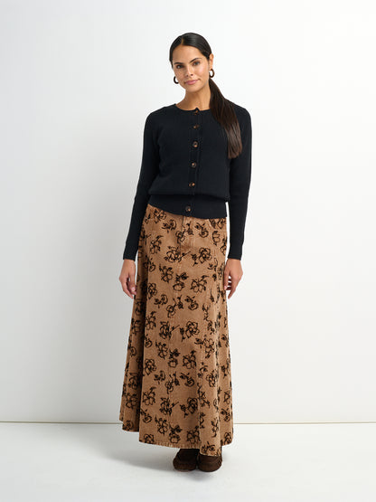 Printed Denim Flare Skirt - Brown/Black Floral