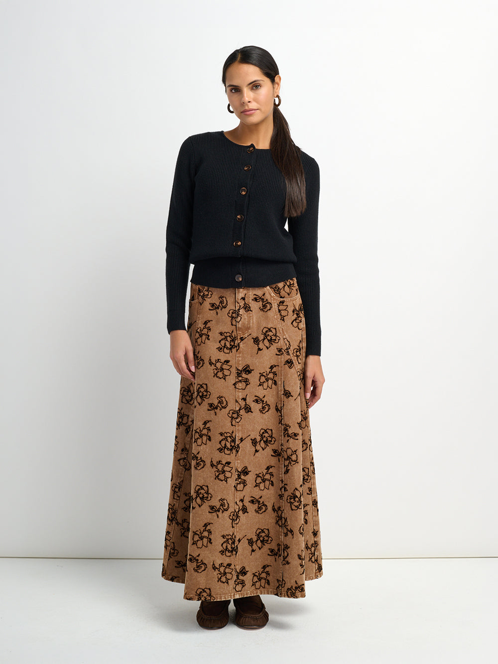 Printed Denim Flare Skirt - Brown/Black Floral