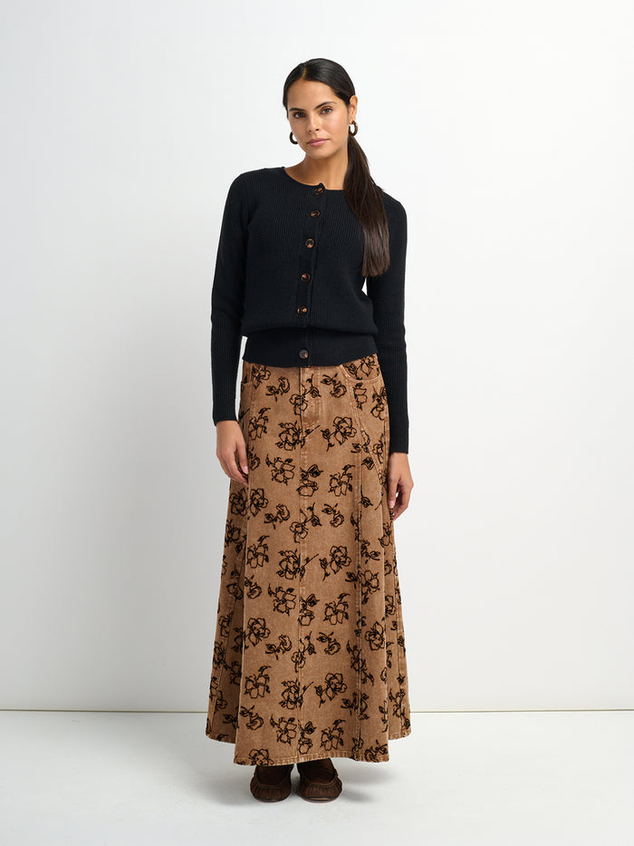 Printed Denim Flare Skirt - Brown/Black Floral