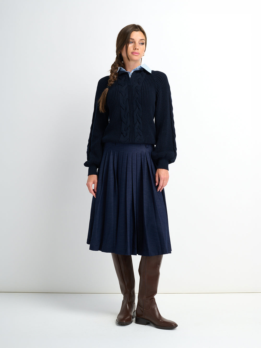Short Pleated Jersey Denim Skirt - Blue