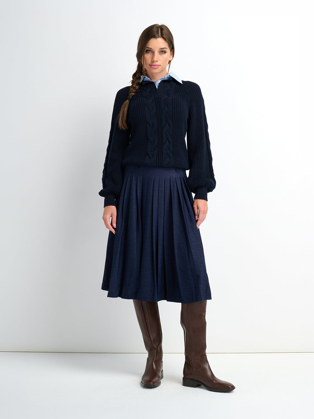 Short Pleated Jersey Denim Skirt - Blue
