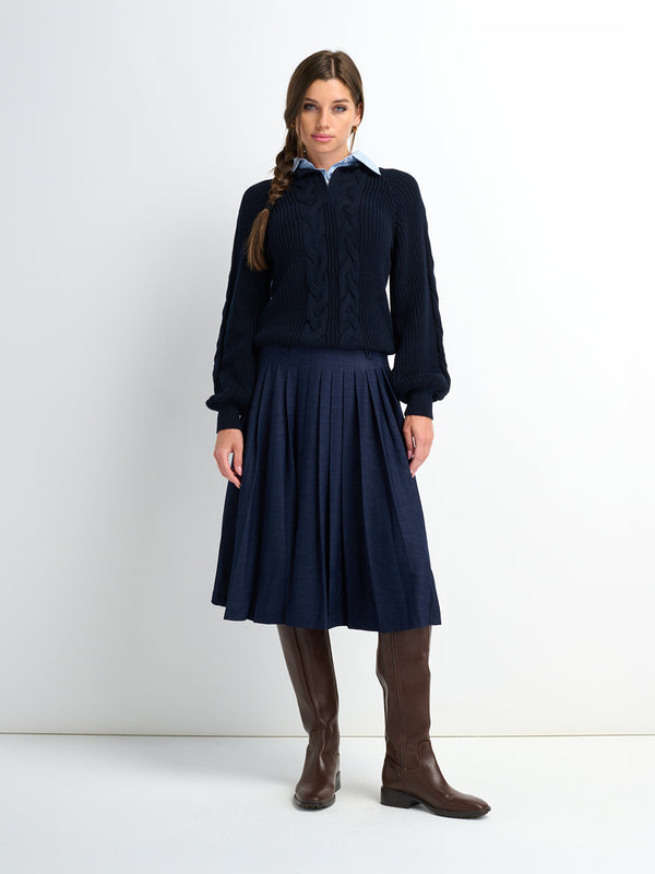 Short Pleated Jersey Denim Skirt - Blue