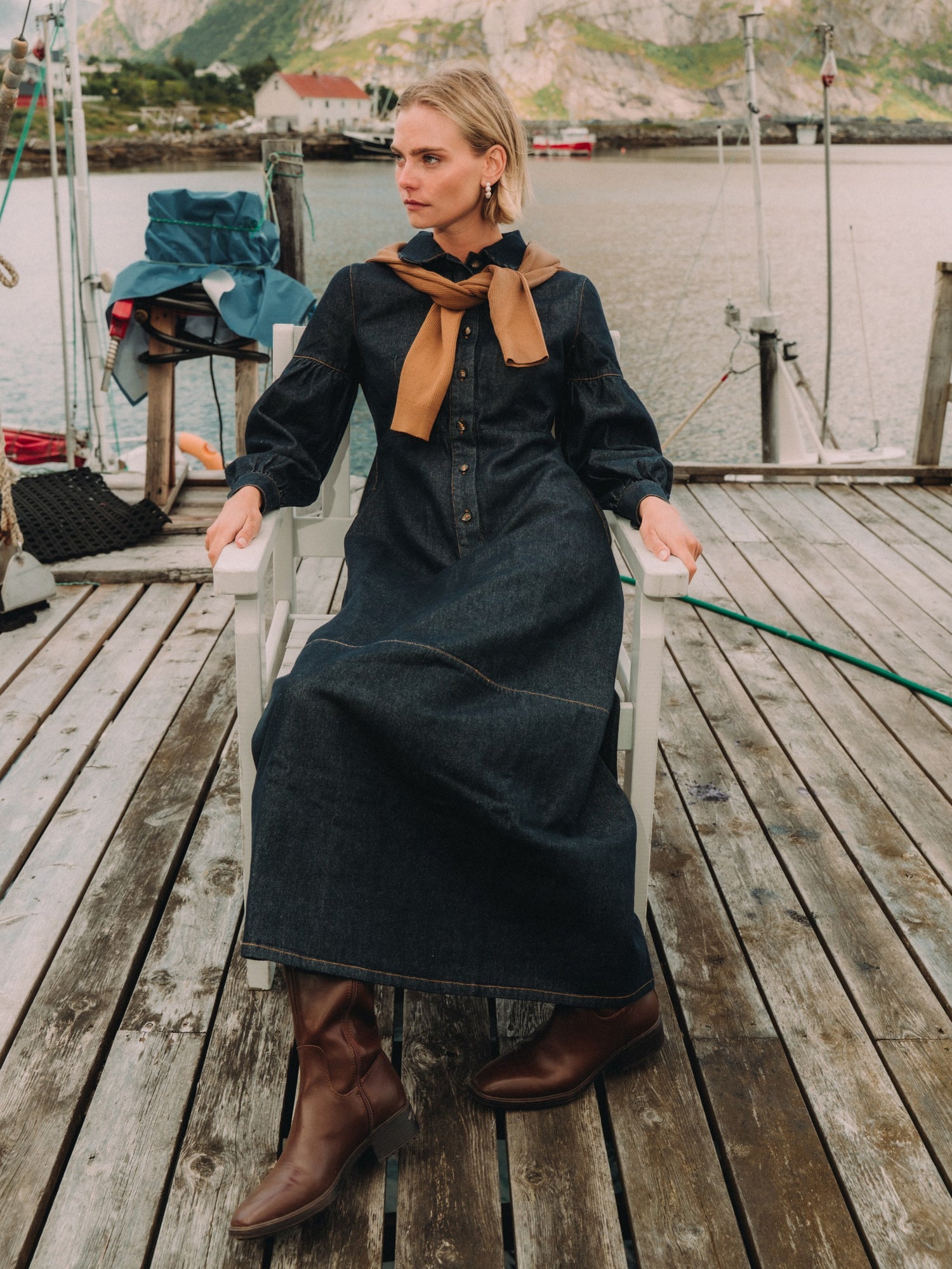High Waisted Denim Dress - Dark Blue