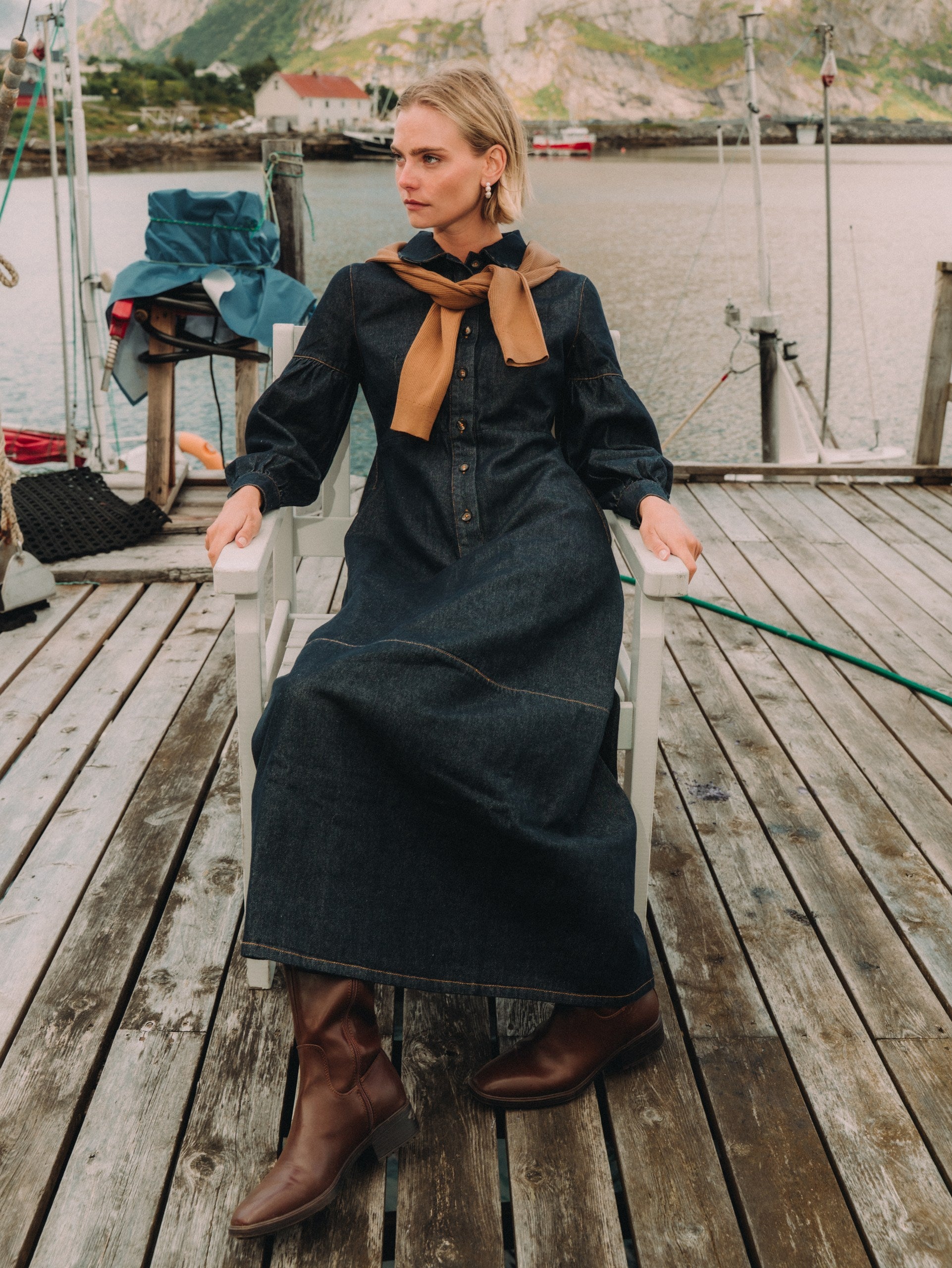High Waisted Denim Dress - Dark Blue