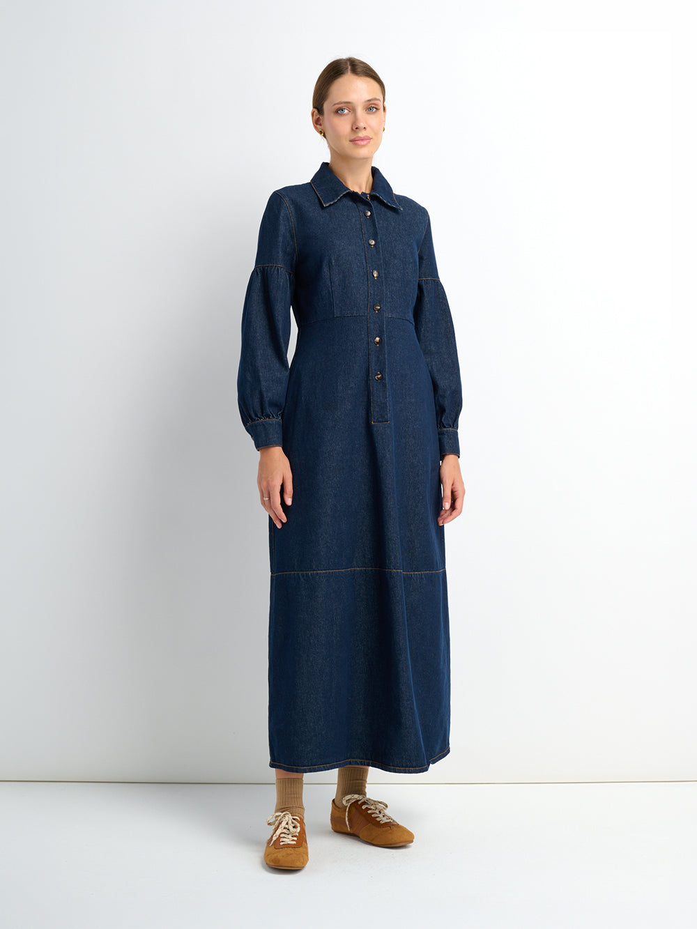High Waisted Denim Dress - Dark Blue