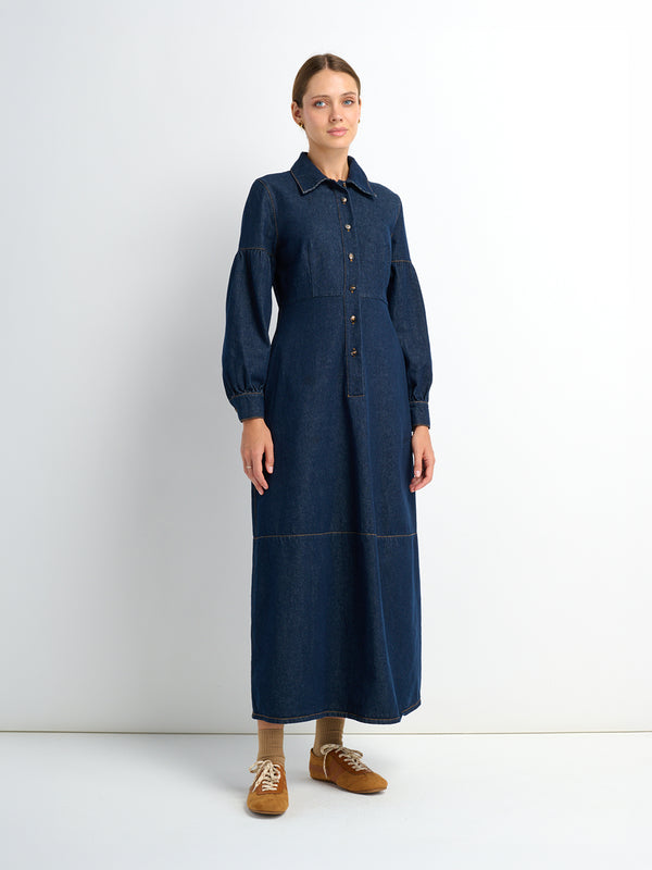 High Waisted Denim Dress - Dark Blue