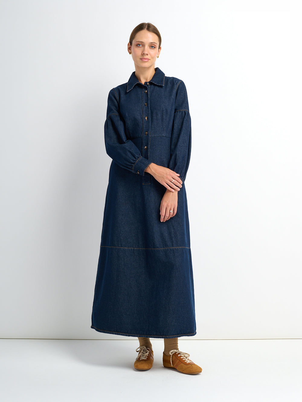 High Waisted Denim Dress - Dark Blue