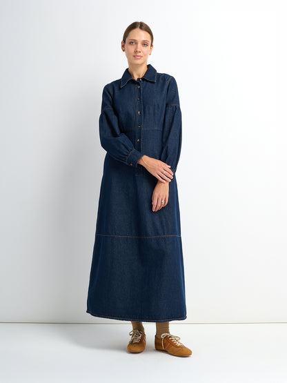 High Waisted Denim Dress - Dark Blue