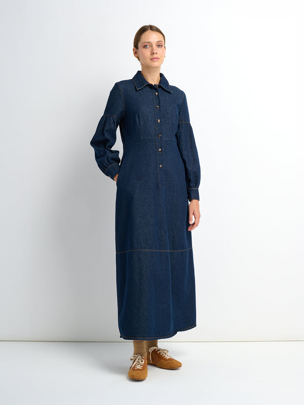 High Waisted Denim Dress - Dark Blue