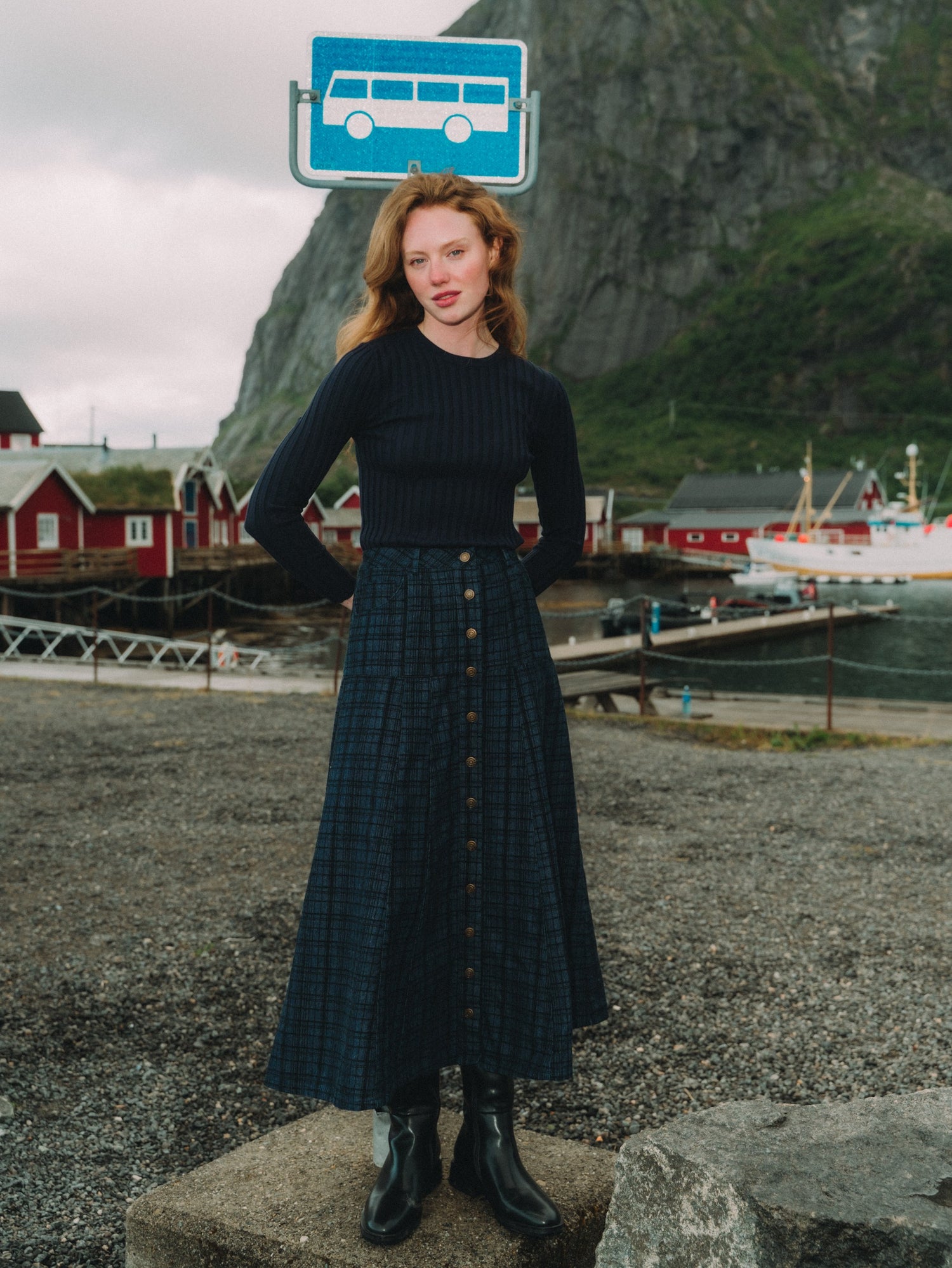 Drop Waist Button Down Printed Denim Skirt - Blue Plaid
