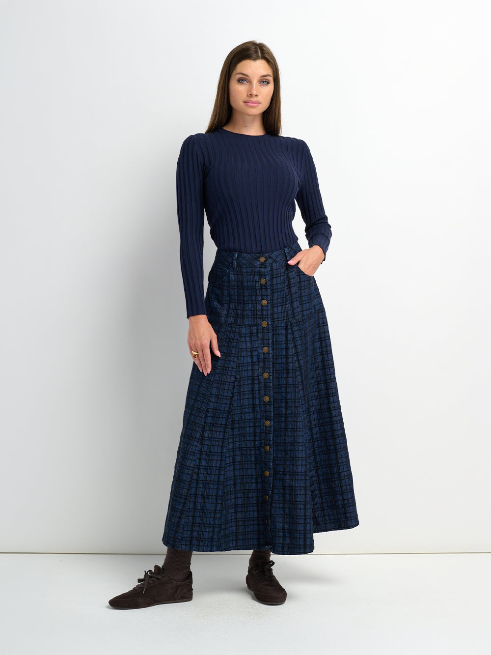 Drop Waist Button Down Printed Denim Skirt - Blue Plaid