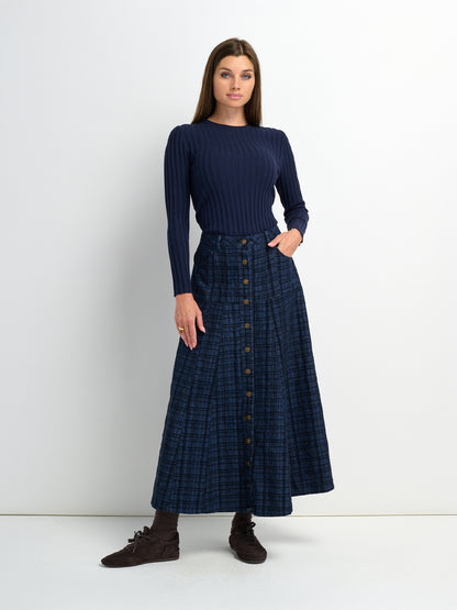 Drop Waist Button Down Printed Denim Skirt - Blue Plaid