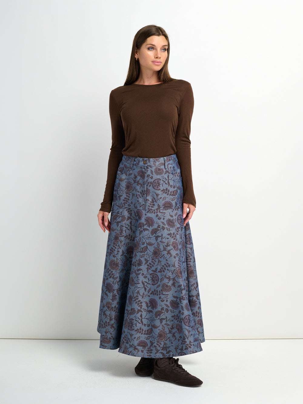 Floral Yoke Denim Skirt - Blue Floral