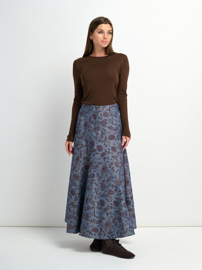 Floral Yoke Denim Skirt - Blue Floral