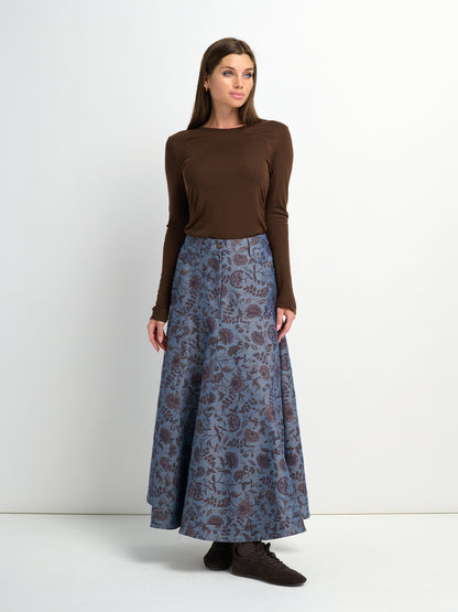 Floral Yoke Denim Skirt - Blue Floral
