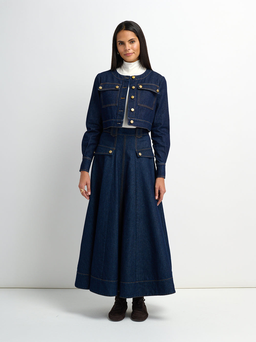 Belted Full Denim Skirt - Blue
