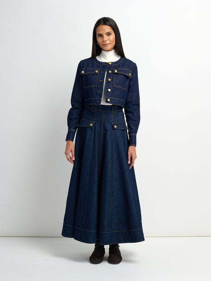 Belted Full Denim Skirt - Blue