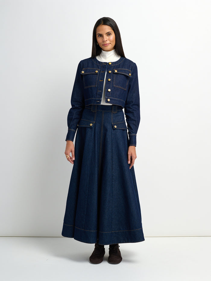 Belted Full Denim Skirt - Blue