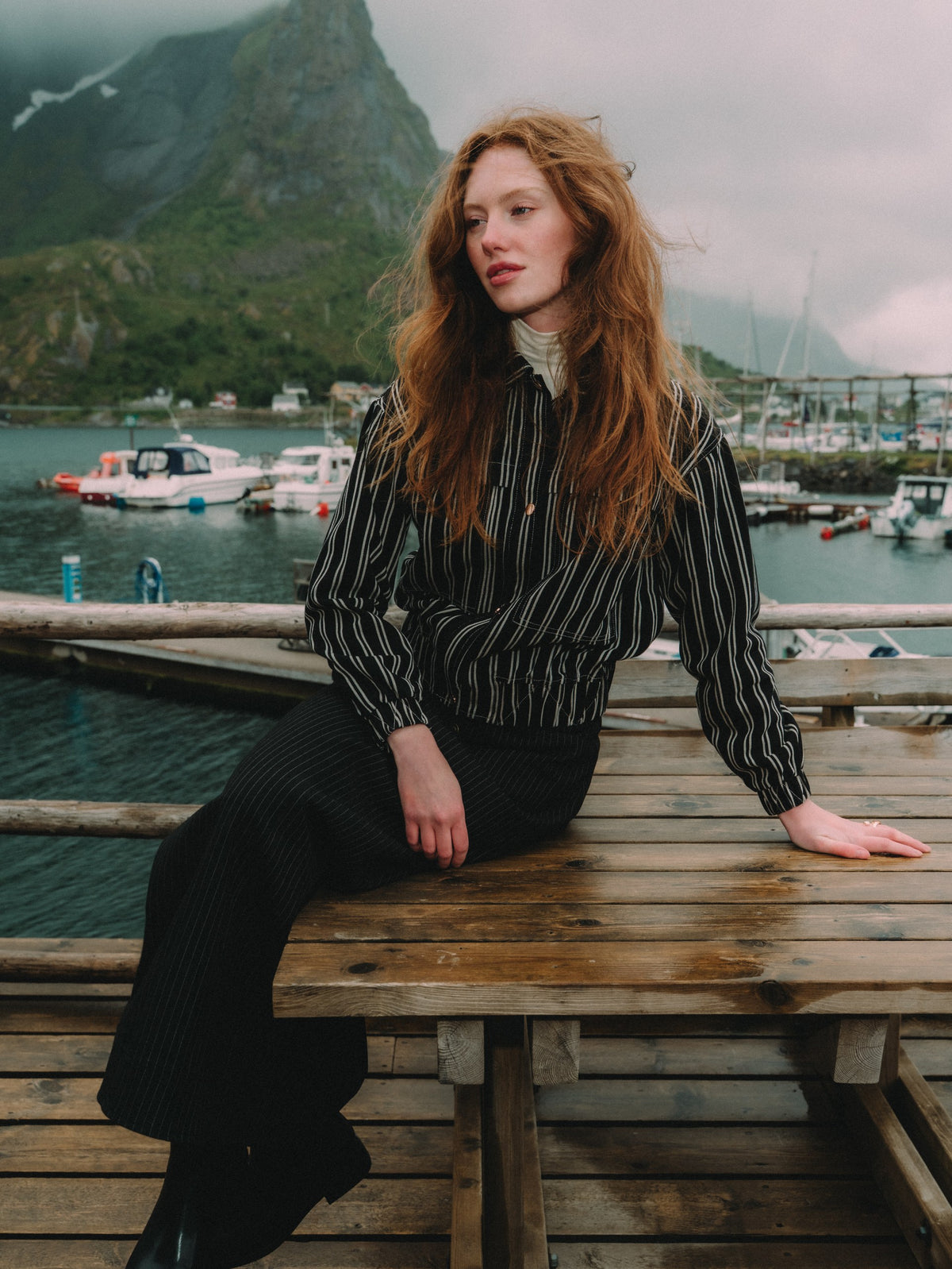 Denim Bomber Jacket - Black/White Stripes