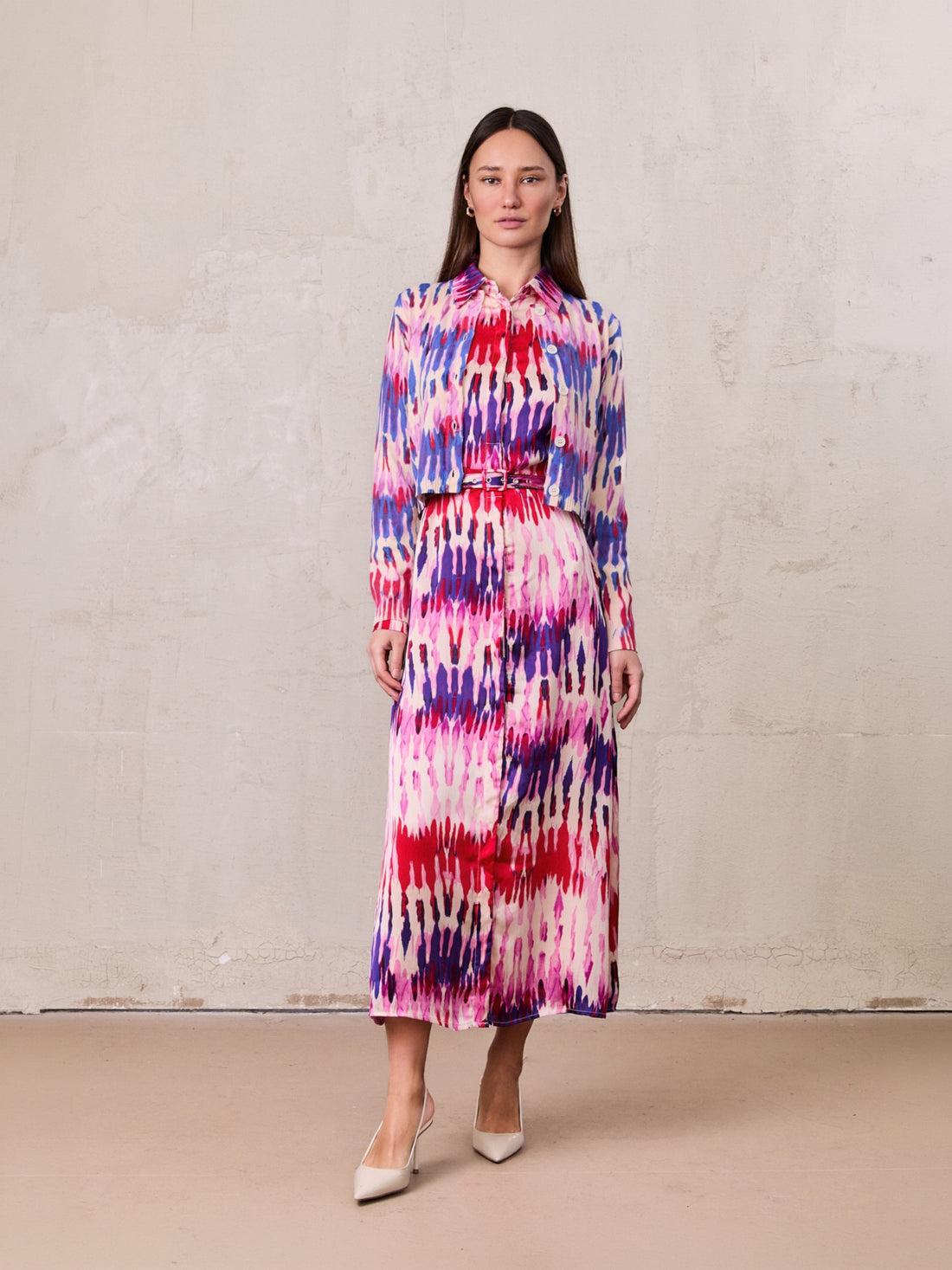 Basic Belted A-Line Dress-Pink Watercolor